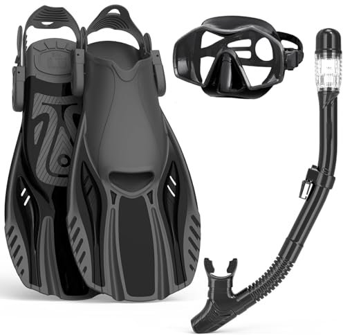 Snorkel Set Adults with Flippers,Snorkel Mask with Adjustable Swim Fins,Dry Snorkel,Panoramic View Swimming Goggles Snorkelling Packages,Snorkeling Gear for Snorkeling Scuba Diving Swimming Travel