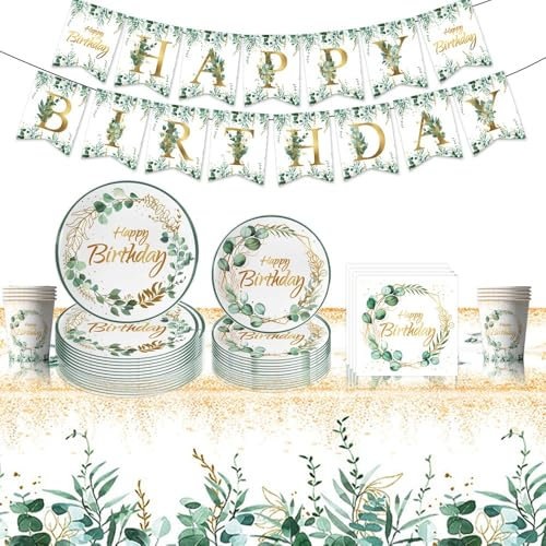 Partygeschirr Set, Geburtstag Deko Set, Partygeschirr Kindergeburtstag Dekoration, Geburtstag Deko Set, Partydekoration Geschirr Party Supplies Set (grün Weiß)