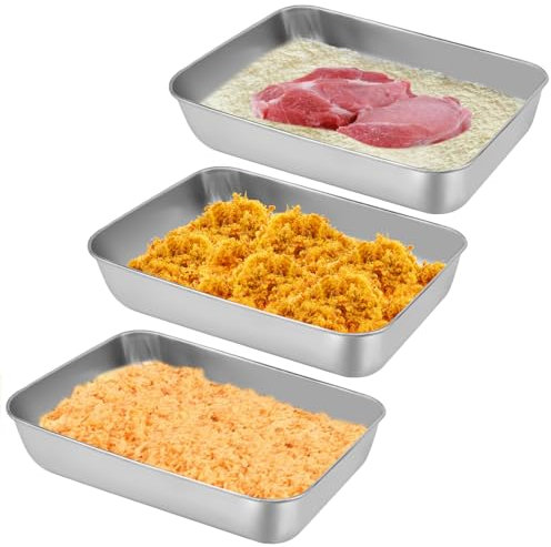 Panierschalen Set 3-Teilig,Ohne Deckel Edelstahl GN Behälter 25.5×20×5.5cm,2.2L Gastronormbehälter Edelstahl Schüssel Eckig,Silber Stapelbar Gastronormbehälter Aufbewahrung für Schnitzel Fleisch Fisch