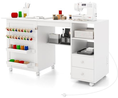 COSTWAY Folding Sewing Table with Charging Station, Rolling Craft Table Hobby Desk with Storage Shelves, 2 Drawers, 18 Pegs and 6 Lockable Wheels, Drop Leaf Sewing Machine Table Workstation, White
