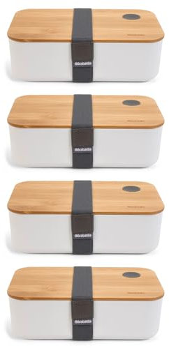 HAC24 4x Kunststoff Lunchbox 1200 ml mit Bambus Deckel 19,5 x 11,5 x 5,5 cm Brotdose Vesperdose Brotbox