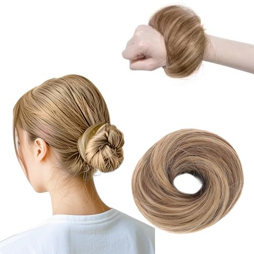 Scrunchies für Glattes Haar für Frauen,Elastisches Haarteil mit Gummiband,Dutt Haarteil Haargummi Mit Haaren,Donut Zubehör Scrunchies,Synthetisches gefälschtes Haar Brötchen (Hellbraun)