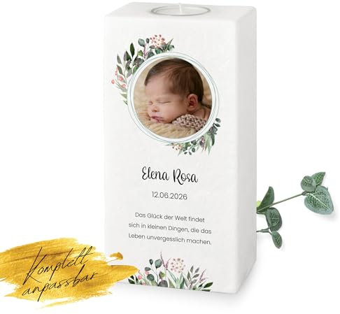 MOMENTU® Taufkerze personalisiert mit Babyfoto Blätterprint 10 x 20 cm - [Teelichteinsatz] Taufgeschenk für Jungen und Mädchen, grün, greenery, selber machen, selber gestalten, nachhaltige Rohstoffe