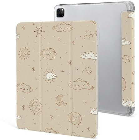 Étui de protection pour iPad Pro 12,9 2022/2021/2020/2018, 6e/5e/4e/3e génération, beige simple imprimé gribouillage avec porte-crayon, fonction veille/réveil automatique