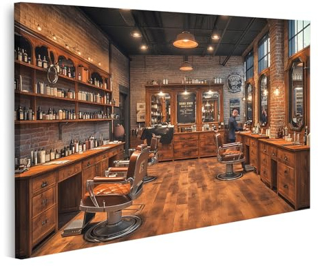 islandburner Bild auf Leinwand Barbershop Innenansicht mit Retro Einrichtung und Holzoptik Bilder Wandbilder Poster