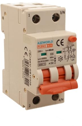 Magnetothermischer Differentialschalter Typ A 20A B20, RCBO Bipolar 2P True (NO 1P+N), Kurve B 6kA 30mA, Doppelhebel mit visueller Diagnose, 2 DIN-Module, Serie PL8M2