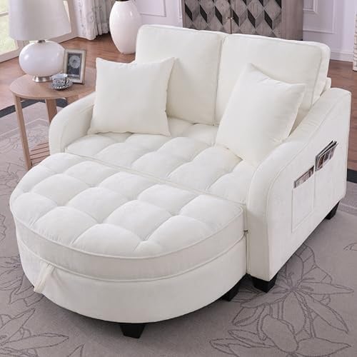 A ALFRESCOOL Sofa mit Schlaffunktion, Sofa Klein, Chaiselongue, 2-in-1 Schlafsofa, Aufbewahrungs-Hocker & 4 Kisse, für Kleine Wohnzimmer, Studienzimmer, Schlafzimmer, 132×129×93cm (Beige)