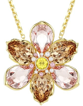 Swarovski Idyllia Pendentif et broche en forme de fleur avec cristaux multicolores pour femme Doré Chaîne réglable Bijou polyvalent