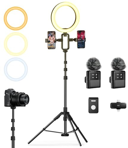 yAyusi Vlogging Kit pour iPhone/Android, Trépied Extensible 198 cm avec Microphone/Anneau Lumineux/Support de Téléphone/Télécommande, Idéal pour L'enregistrement Vidéo et la Diffusion en Direct