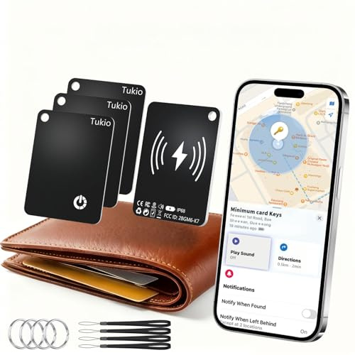 Smart Air Tracker Card (Schwarz-4 Pack), Wallet Tracker Karte kompatibel mit Apple Wo ist? APP (NUR iOS), Bluetooth Finder mit drahtloser Aufladung, IP68 Wasserdicht, mit Schlüsselring/Nylon Lanyard.