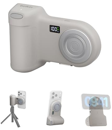 Belkin Stage PowerGrip 9300mAh Kamerahalter Magnetisch, Powerbank – Beige | 9,3K Power Bank kabellos, 15W, USB C Anschluss, Kabel, Integrierter Bluetooth Auslöser, Handyständer, Bereits Aufgeladen