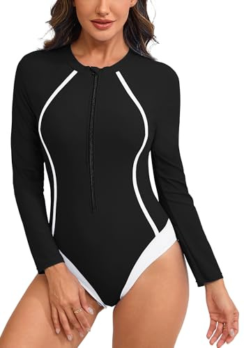 FEOYA Women's One Piece Rash Guard Long Sleeve Swimsuit Zip Up Swimwear Short Wetsuit Built in Bra Surfing Bathing Suit White S