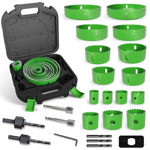 Hole Saw Set, 24PCS 19-152mm Hole Cutter Set Carbon Steel Downlights Drill Bit Tools for Soft Wood, Plasterboard, Plastic Ultra-Sharp Teeth Quick-Change Arbor, Includes Mandrel & Hex Key