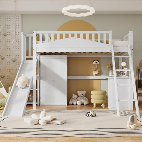 CelticHearth Lit superposé avec toboggan, bureau et armoire, blanc, pin + MDF + contreplaqué, 90 x 200 cm, avec grille de protection