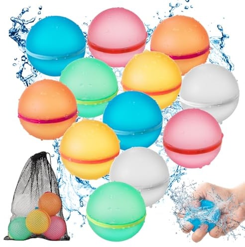 12 Stück Wasserbomben Wiederverwendbar, Selbstschließende Silikon Wasserbomben mit Mesh Tasche, Wasserbombens Set, Geeignet für Kinder, Erwachsene, Strand, Poolparty