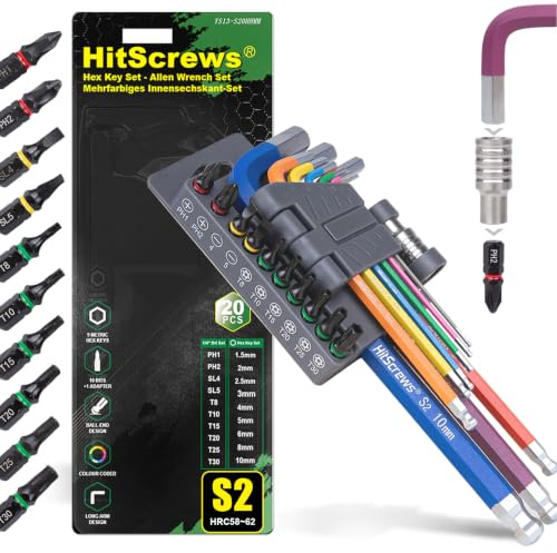 HitScrews 20Pcs Metric Heavy Duty Allen Key Set with Screwdriver Bits | S2 Steel Magnetic Ball End Metric Hex Keys with PH SL Torx Bits & Adapter ASME B18.3 Mechanics Tool Kit for Motor, Bike & DIY