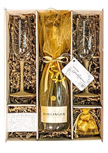Bollinger Champagne Special Cuvee 75cl Gold Gift Set Hamper With 2 Matching Glass Champagne Flutes, Chocolates And Gift Box - Engagement, Birthday Gift for Champagne Lovers (Sparkling Stems)
