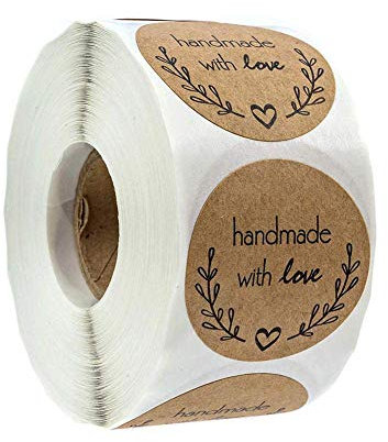 500 Etichette Autoadesivo handmade with love realizzato a mano con font nero su carta Round Baking Sticker kraft etichette adesive per rotolo 1 Roll