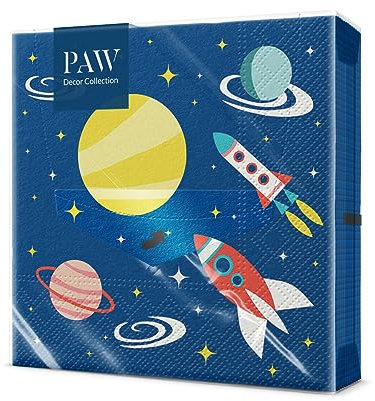 PAW - Servietten 3-lagig (33 x 33 cm) I 20 Stück I Perfekt für Kindergeburtstage, Partys, Kommunion und Feiern I Papierservietten Bunt mit Party Motiv I Kosmos, Rakete, Planeten, Granate - Space
