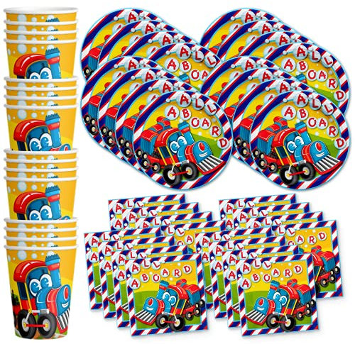 All Aboard! Zug-Geburtstagsparty-Zubehör-Set, Teller, Servietten, Becher, Geschirr-Set für 16 Personen