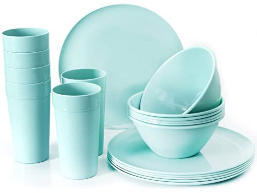 Youngever 18 Piece Re-usable Plastic Kitchen Dinnerware Set, Plates, Dishes, Bowls, Cups, Service for 6 in Assorted Colors (Mint)