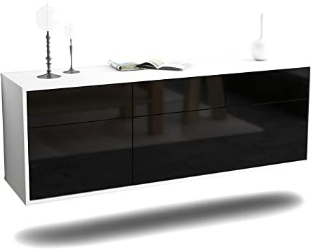 TV Schrank Lowboard hängend - Ludwigshafen - Korpus Weiss matt - Front Hochglanz Design Schwarz- (136x47x35cm) - Push to Open Technik & hochwertigen Leichtlaufschienen - Made in Germany