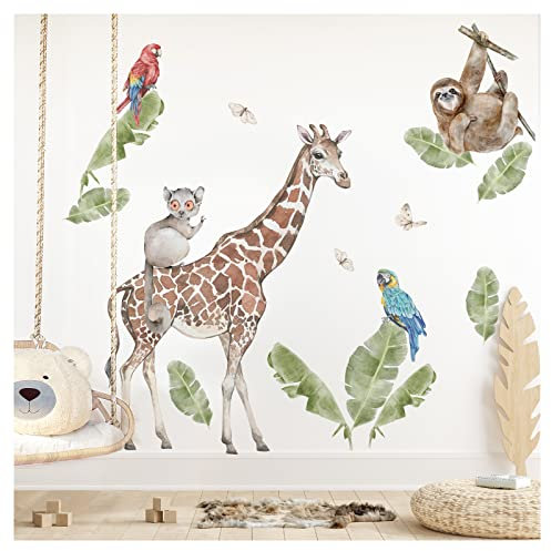 Grandora XXL Wandtattoo Dschungel Tiere Giraffe Wandsticker Safari Blätter Kinderzimmer Baby Wanddeko DL815-2