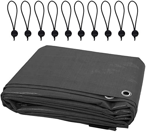 3 x 4 m Tarpaulin Waterproof Heavy Duty Cover Camping Ground Sheet Caravan Furniture Multipurpose + 10 Bungee Balls (Grey – 200 GSM)