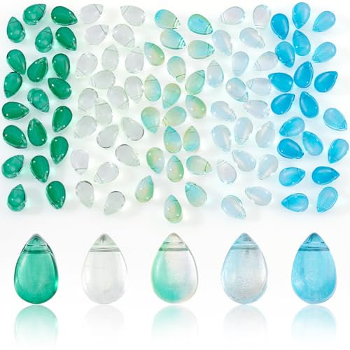AHANDMAKER 100 Stk Teardrop Tschechische Glasperlen, 5 Farben Transparente Kristallperlen Mit Glitzer Goldpulver Wassertropfen Lose Anhänger Perlen Für DIY Halskette Ohrring Armband, Blau Grün