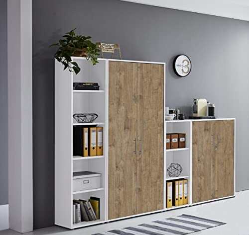 Schrankwand Office Edition abschliessbarer Aktenschrank Büroschrank Büromöbel Regal in Weiß/Gold Harbor Oak (Set 4)