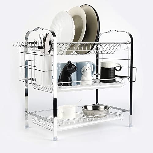 Escurridor de Platos 3 Niveles Soporte de Cubiertos Organizador Cocina Soporte de Platos con Portavasos Escurreplatos de Cocina para Fregadero 42 * 25 * 49 cm (portavasos)