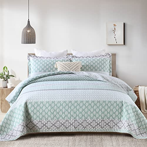 SahSahCasa King Size Quilt 100% Cotton Floral Pattern King Size Bedding Set Bedspreads Patchwork Reversible Lightweight Quilt for All Seasons Green/Grey