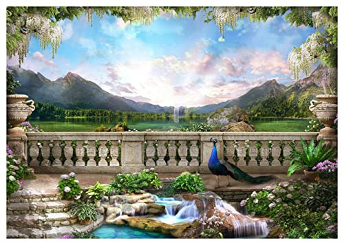 wandmotiv24 Fototapete Ausblick Berge Pfau Treppe Wasserfall, 400 x 280 cm - selbstklebende Strukturtapete, Wanddeko, Wandbild, Wandtapete, Wasser Stein Vogel Wald Vase M6847