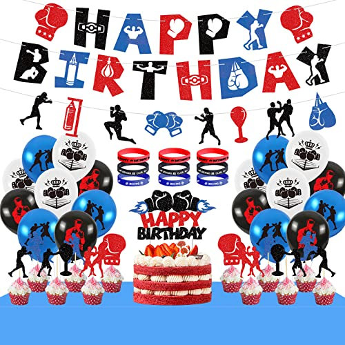 LSJDEER Boxkampf-Geburtstagsfeier-DekoratiEinn – Boxen Happy Birthday Banner Cake Topper Luftballons Tischdecke Armband für Wrestling Party Supplies Boxkampf Sport
