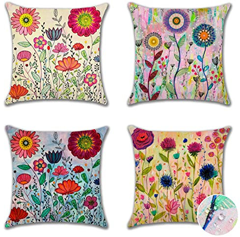Ohok Wasserdicht Kissenbezug 45x45 cm, 4er Set Dekorativ Outdoor Kissenhülle Deko Sofakissen Couchkissen Zierkissenbezüge für Sofa Wohnzimmer Balkon Garten Auto (Bunte Blumen)
