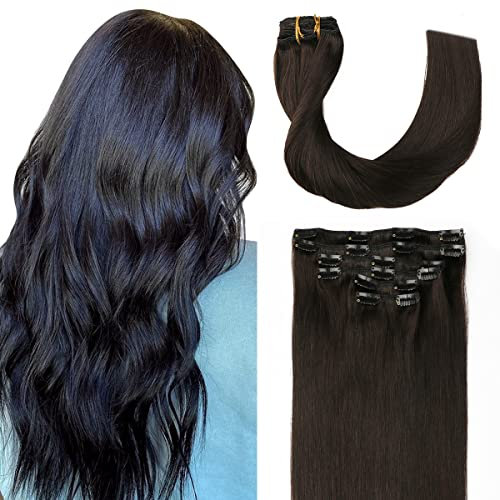 Sindra Clip in Extensions Echthaar Human Hair Haarextension Echthaar 20 Zoll 50cm 6 Stück 120 Gramm Natürlich Schwarz Clip in Haarverlängerung Seidig Natürliche C#1B 20 Zoll