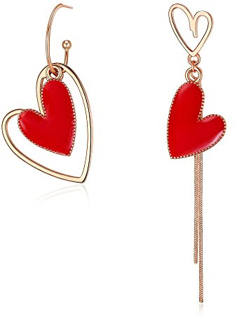 EVER FAITH Orecchini spaiati da donna, dichiarazione asimmetrica Rosso Cuore Pendente a goccia Rosa Oro fondo