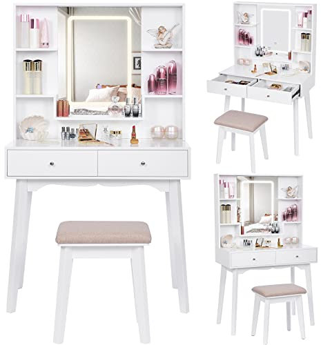 ANWBROAD Toeletta Trucco con Specchio e LED 3 Colori luci, Luminosità Regolabile,Tavolo da Trucco 6 Vani Portaoggetti Aperti, 2 Cassetti, Postazione Trucco, Moderno, Bianco BDT14W