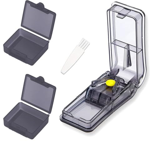 IZyufan Tablettenteiler mit 2 Tablettenbox, Medikamententeiler für Kleine und Große Tabletten, Pillenteiler, Teilt Pillen Exakt, Tabletten in EIN Halbes Viertel Schneiden (Schwarz)