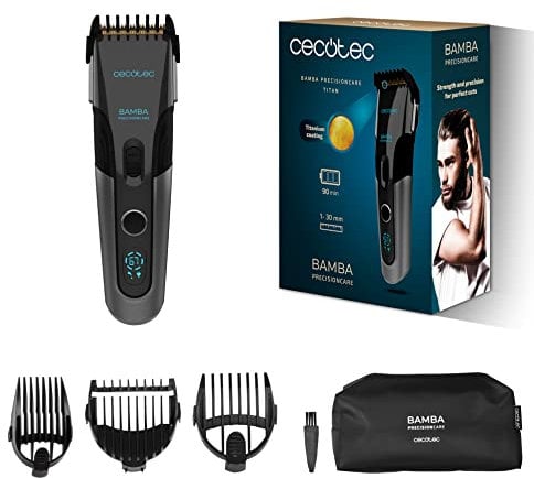 Cecotec tondeuse à cheveux Bamba PrecisionCare Titan. Lame revêtue de titane, autonomie de 90 min, à 30 mm, sans fil, 3 peignes de guidage, écran, avertissement de maintenance, verrouillage
