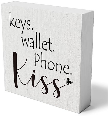 Keys Wallet Phone Kiss Wooden Box Sign Decorative Home Entrance Reminder Wood Box Sign Decor Rustic Farmhouse Square Desk Decor Sign for Shelf 5 x 5 Inches
