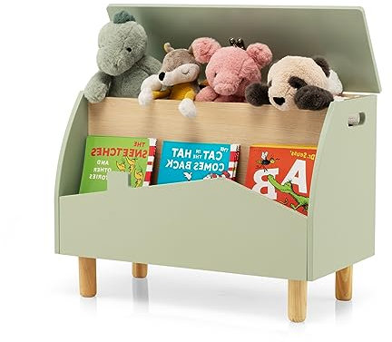 SOARS 2 in 1 Kinder Bücherregal & Spielzeugregal, Spielzeugkiste mit Deckel & offener Ablage, Kinderregal mit Massivholzbeine, Regal kinderzimmer, Spielzeug-Organizer, 60 x 30 x 44cm (Grün)