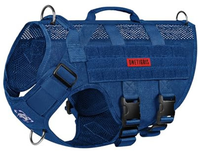 OneTigris Hundegeschirr Grosse Hunde, AIRE MESH Taktisches Anti Zug Geschirr mit 2 Griff Verstellbar Brustgeschirr No Pull Dog Harness Atmungsaktiv Blau L