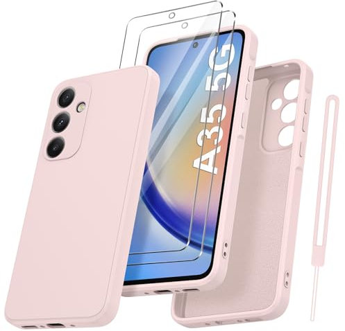Qasyfanc Coque Protection Caméra pour Samsung Galaxy A35 avec 2 Pièces Verre Trempé, Coque Samsung A35 5G Housse de Protection Silicone Antichoc, Mince, Douce, Rose