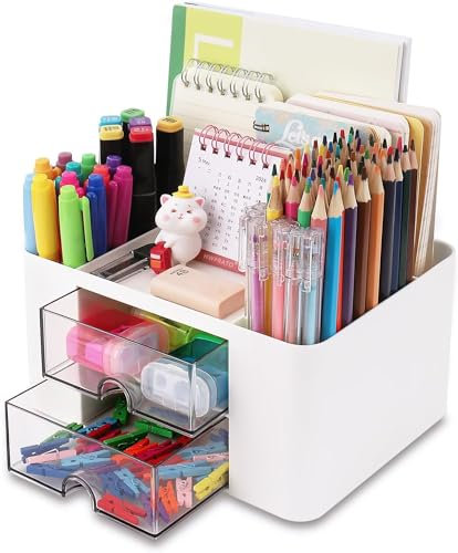 KAHEIGN Organisateur de Bureau avec 2 Tiroirs, 19CM x 14CM Organisateur de Bureau Multifonctionnel Porte-Stylo de Grande Capacité Organisateur de Maquillage pour Bureau École Maison Tableau (Blanc)