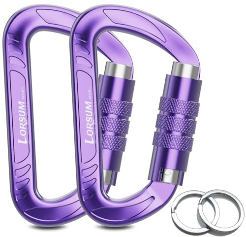 Lorsum Auto Locking Carabiner Clips Heavy Duty, 12KN /1227kg Lightweight (1.0oz), Sturdy Twist Lock Caribeeners for Camping Hiking Hammock Swing Backpack, Dog Leash and Harness etc, 2 Pack Purple