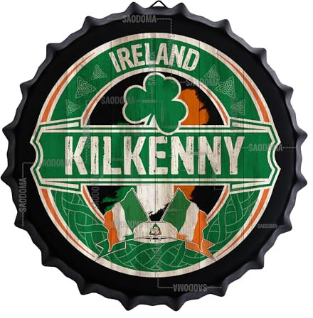 SAODOMA Kilkenny, Irland – irische Flagge – irische Pub-Bar-Schild – 35,6 cm Irland-Stadt-Dekorationen – Neuheit Metall-Flaschenverschluss-Schild – Straßenschilder, Retro-Mannhöhle, Bar,