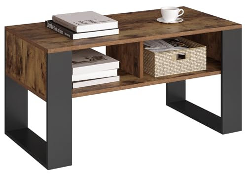 WOLTU Couchtisch mit Stauraum, Beistelltisch fürs Wohnzimmer, Wohnzimmertisch modern, rechteckiger Kaffeetisch Sofatisch, 2 offene Fächer, Vintage-Holzoptik Schwarz, BTS16hov