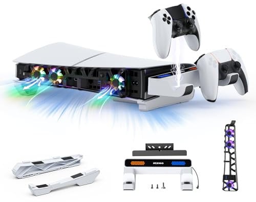 NexiGo PS5 Slim Horizontal Stand with Charging Station for PS5 and Edge Controllers, Silent Enhanced RGB Cooling Fan with Temperature Control, LED Indicator, Compatible with PS5 Slim, White