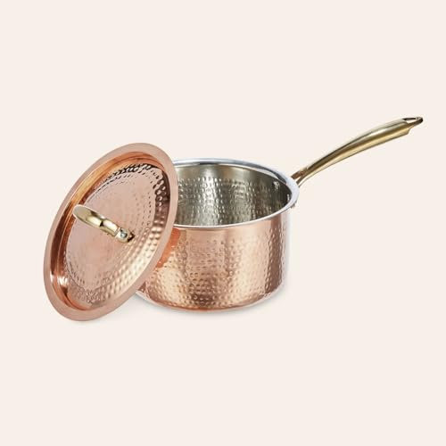 Copper Studio Signature 8” Copper Sauce Pan, Hand-Hammered Copper, Non-Reactive tin Lining. Riveted cast-Bronze Double Handles. Electric stovetop Safe, Oven Safe, PFAS-Free, Broiler Safe to 425°F